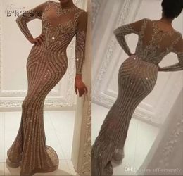 Vintage Long Sleeve Evening Dress Wear Luxury Crystals Gold Evening Gowns Women Celebrity Prom Dress4883903