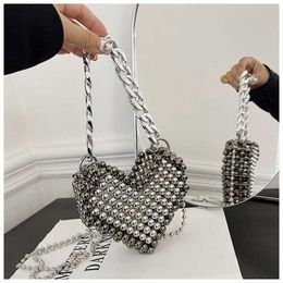 Sell Shoulder Bags Mini Womens Beaded Heart Handbag Summer Designer Bag Dinner Bag Chain Strap Diagonal Straddle One 240311