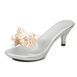 Dress Shoes Pearl Shell Decoration Slippers Summer Transparent Sandals Nightclub Thin High Heels Lovly Crystal Party Women Big Size H2403255