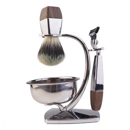 High Quality Badger Hair Shaving Brush Shave Stand and 3 Blade Razor Metal Men shaving set for men shave 240314