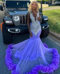 Lavender Purple Long Prom Dresses 2024 Sexy Diamond Beading Rhinestones Feathers For Black Girls Birthday Party Gown 322