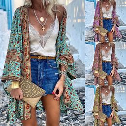 Whimsical Charm Women's Bohemian Long Sleeve Cardigan with Prints Perfect for Summer Days AST08688