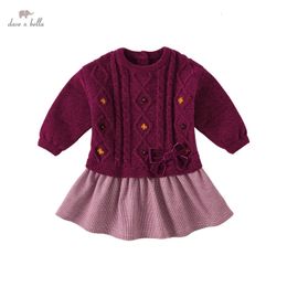 Dave Bella Autumn Baby Dresses For Girl Fashion Knitted Rose Patchwork Dress Children Clothes DB4223924 240311