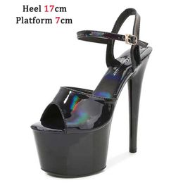 Dress Shoes 2023 New Laser Bright Patent Leather Sandals For Women Platform High Heels Stage Show 15 17 20CM Open Toe Stripper H240321B813