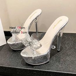 Dress Shoes 2023 Summer Transparent Crystal Womens Platform Fashion New Slippers 15CM Ultra High Heels Sandals Rhinestone Bow Pumps H240321