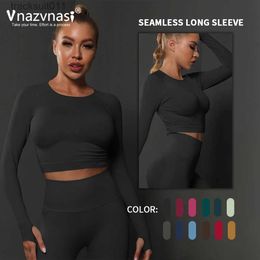 Active Sets Vnazvi seamless elastic sports long sleeved top with finger cut yoga shirt suitable for fitness exercise sportswear womens gym wearC24320