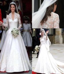 Classic 2021 Cheap White A Line Wedding Dresses V Neck Sheer Long Sleeve Appliqued Lace Kate Middleton Buttons Back Royal Bridal G6888251