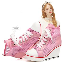 Sandals 2022 Wedge Heel 8cm Height Increasing Net Shoes Thick Bottom Sandals Women's Casual Laceup Shoes Hightop Hollow Women's Shoes