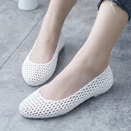 Flats Women Free Shipping Hollow Flats Round Toe Breathable Plastic Summer Outdoor Shoes Soft Sole SlipOn White And Black 4036 23cm