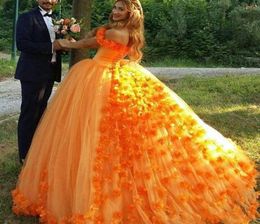 Orange Princess Ball Gown Handmade Flowers Quinceanera Dress Off Shoulder Lace Up Back Luxurious Sweet 15 Formal Prom Party Dresse1240479