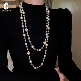 Korean Long Double Layer Simulated Pearl Necklace for Women Sweater Chain Necklaces Female Collares Statement Jewlery240312