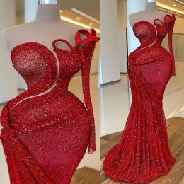Plus Size Arabic Aso Ebi Red Mermaid Sparkly Prom Dresses Sequined Lace Evening Formal Party Second Reception Birthday Engagement Gowns Dress
