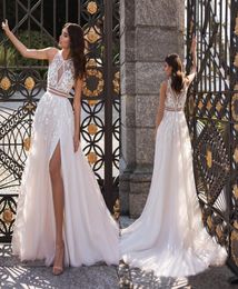 2020 Boho Bohemian Wedding Dresses V Neck Lace Apliques A Line High Split Beach Wedding Dress Sweep Train Bridal Vestidos De Novia3174467