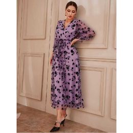 Gimily Oem Odm Custom Plus Size Print Lace-up Maxi Dress Long Sleeve Casual Women Elegant High Waisted Mesh Dress