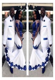 New White Satin Royal Blue Lace Aso Ebi African Prom Dresses Long Illusion Sleeves Appliqued Mermaid Evening Formal Gowns7499114