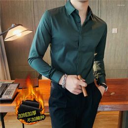 Men's Casual Shirts Winter Thick And Fleece Long Sleeve Shirt Solid Colour Button-down Slim Dark Green