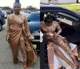 Champagne Gold Jumpsuit Evening Dresses with Train 2020 High Neck Lace Stain Long Sleeve African Celebrity Formal Prom Dresses wit1893263