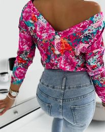 Women's T Shirts Fashion Women Blouse 2024 Spring Floral Print Buttoned Backless Top Round Neck Sexy Elegant Long Sleeved T-Shirt