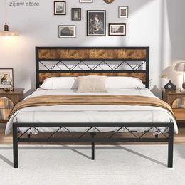 Other Bedding Supplies Metal platform bed frame vintage wood top plate heavy-duty metal plate bracket platform mattress base no need for box springs Y240320