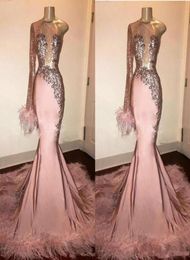 Glitter Sequin Prom Dresses Mermaid Long Sleeves Feathers Lace One Shoulder African Formal Evening Gowns vestido Black Girl Wear6651803