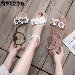 Boots WTEMPO Summer Shoes Woman Sandals Elastic ankle strap Flat Sandalias Mujer Flowers Gladiator Beach Sandals Ladies Flip Flops