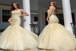 Daffodil Yellow Prom Dresses 2022 Sexy Open Back Mermaid Spaghetti Straps Evening Gowns With Appliques Ruffles Long Junior Graduat7268685