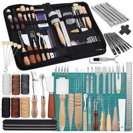Tools, 60 Pieces Working Tools and Supplies with Storage Bag Cutting Mat Prong Punch Groover Edge Creaser Stamping Carving Knife Awl Hammer for Leather Craft