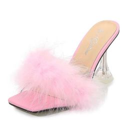 Dress Shoes Voesnees 2021 New Summer Sweet Women Slippers Transparent PVC Fur Crystal Sandals 9CM Party Fashion Cute Furry High-Heeled H2403253