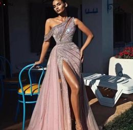 2022 Elegant Off Shoulder Long Prom Dresses Full Beaded For Arabic Women Sexy Front Split Formal Evening Pageant Gowns Robe De Soi8349427