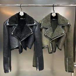 Women's Jackets PREPOMP 2024 Winter Collection Turn Down Collar Zippers Sleeve Cuff Faux Fur Leather Jacket Women Irregular Coat GH010