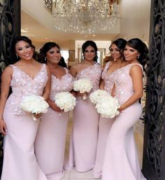 Sexy Light Pink V Neck Bridesmaid Dresses 2020 Mermaid 3D Flowers Long Bridesmaid Dress Formal Party Gowns Maid Of Honor5537909