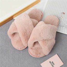 Slippers Women Fashion Warm Fluffy Cozy Faux Fur Cross Indoor Floor Slides Flat Soft Furry Ladies Female Red Flip Flops Fuzzy01X2L9 H240322