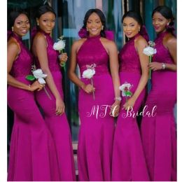 Fuchsia African Bridesmaid Dresses Sexy Mermaid Halter Neck Sleeveless Lace Top Long Maid of Honour Gowns Wedding Party Gowns