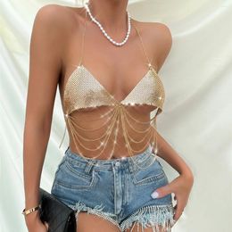 Women's Tanks Sexy Coquette Metallic Chain Crop Bustier Tops Woman Clothes Deep V Neck Backless Halter Tank Top Cocktail Nightclub Party