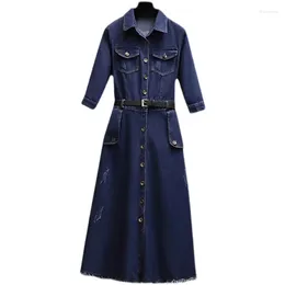 Party Dresses Women Plus Size S-4XL 2024 Denim Dark Blue Dress Half Sleeve Turn Down Collar Tassel Spring Outwear Street Clothes