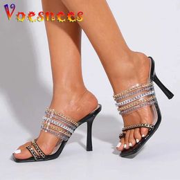 Dress Shoes New Black Cover Toe Women 2021 Personalised Fashion Sandals Chic Chains Square End High Heels 9.5CM Summer Stilettos Slippers H240325