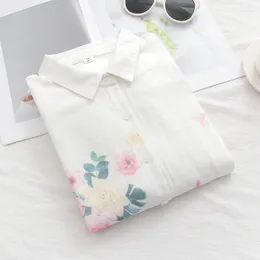 Women's Blouses Spring Autumn Women Double Cotton Yarn Flower Print Shirt White Colour Long-sleeved Casual Sweet Loose Blouse Tops U048