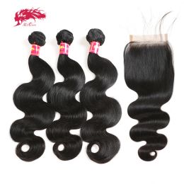 Closure Ali Queen Hair Brazilian Body Wave Raw Virgin Hair Bundles With Closure 4x4 Transparent HD Lace Closure With Baby Hair Free Part