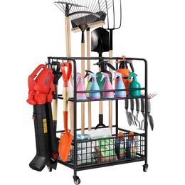 Organiser with Wheels, Yard Stand Holder Racks, Rack, Tool Rolling Cart, Organisers Storage Hold Garden Tools for Garage Lawn and Outdoor