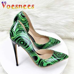 Dress Shoes Green Circled Pattern High Heels Autumn 2023 New Womens Pointed Toe Career Single 12CM European American Night Club Pumps H240325