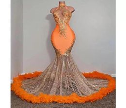 Black Girls Orange Mermaid Prom Dresses 2023 Satin Beading Sequined High Neck Feathers Luxury Skirt Evening Party Formal Gowns For1746565