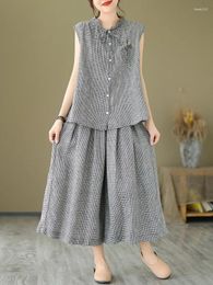 Women's Two Piece Pants 2024 Summer 2 Sets Female Loose Sleeveless Plaid Shirt And Wide-leg Skirt Ladies Cotton Linen Suits Z28