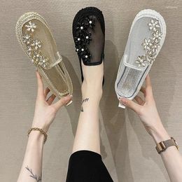 Casual Shoes Eugen Gauze Mesh Women's Red Round Toe Rhinestone Flat Bottomed Baotou Sandals Bean Loafers Single