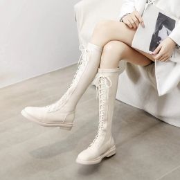 Boots Shoes for Woman Footwear Winter Knee High Shaft Women's Boots Laceup with Laces Elegant Low Heels White Long Leather Hot Sale