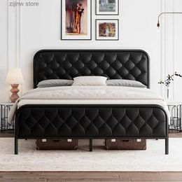 Other Bedding Supplies Large bed frame heavy-duty metal bed frame faux leather button tufted top plate 12 storage space noise free bed frame Y240320