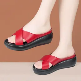 Slippers 6cm Small Size 32-43 Comfortable Med Heels Wedges Women Platform Shoes 2024 Summer Soft Leather Slides Office Beach