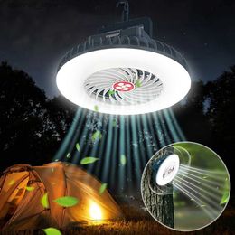Electric Fans LED ceiling fan light USB rechargeable camping light 3-speed wind speed portable waterproof tent fan light outdoor flashlightY240320