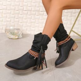 Boots Retro Cowgirl Tassel Flat Heel Women Western Boots Vintage Patchwork Comfy Waking Booties Stylish Casual Brand New Washed Shoes