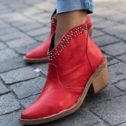 Boots Bottines Women's Boots 2022 New Autumn High Heel Boots Classics Rhinestones Short Boots Female Retro Zipper Boots for Women Red