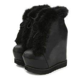 Dress Shoes HOT Women Boots 2019 Winter Faux Fur Fashion Wedges Heels Woman Platform Warm Snow Luxury Ladies Ankle Boot Black H240321